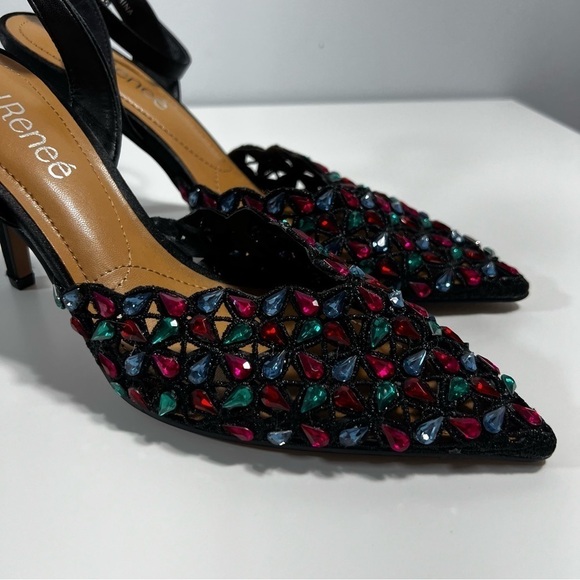 J. Renee Kamilo Black Satin Rhinestone Pumps Pointy Toe Memory Foam Insole 8M - Picture 7 of 13